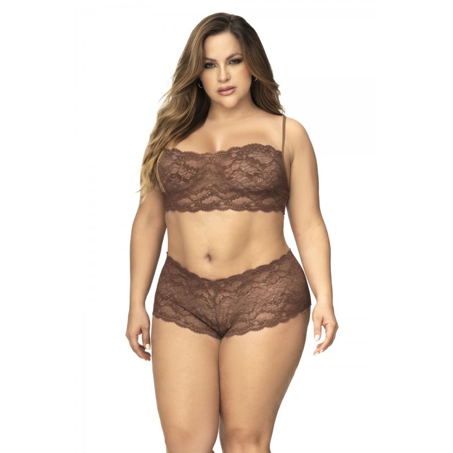 Ensemble 2 pièces en dentelle grande taille, top à bretelles et shorty couleur cacao - MAL206XCOCO Ensemble 2 pièces en dentelle grande taille, top à bretelles et shorty couleur cacao - MAL206XCOCO