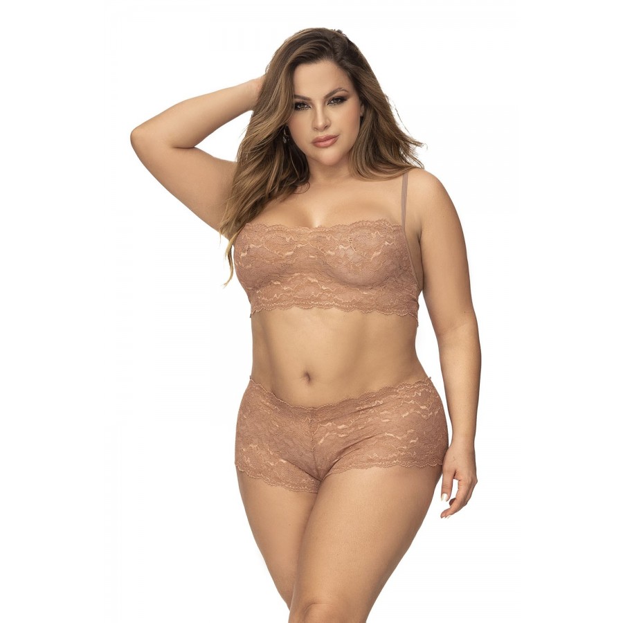 Ensemble 2 pièces en dentelle grande taille, top à bretelles et shorty couleur taupe - MAL206XTAUP Ensemble 2 pièces en dentelle grande taille, top à bretelles et shorty couleur taupe - MAL206XTAUP