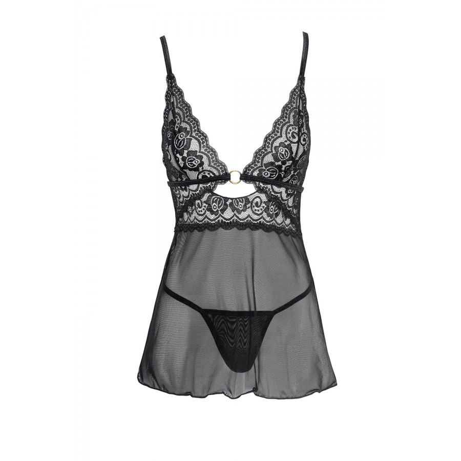 Nuisette noire en dentelle et résille transparente avec string - R2741334