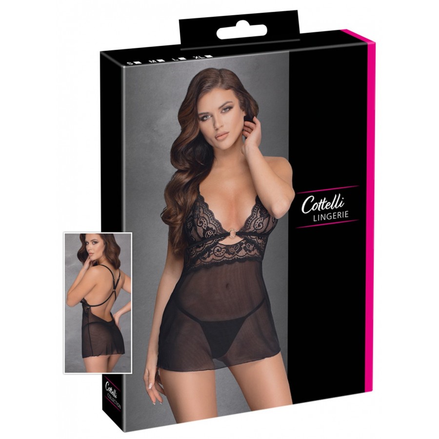 Nuisette noire en dentelle et résille transparente avec string - R2741334