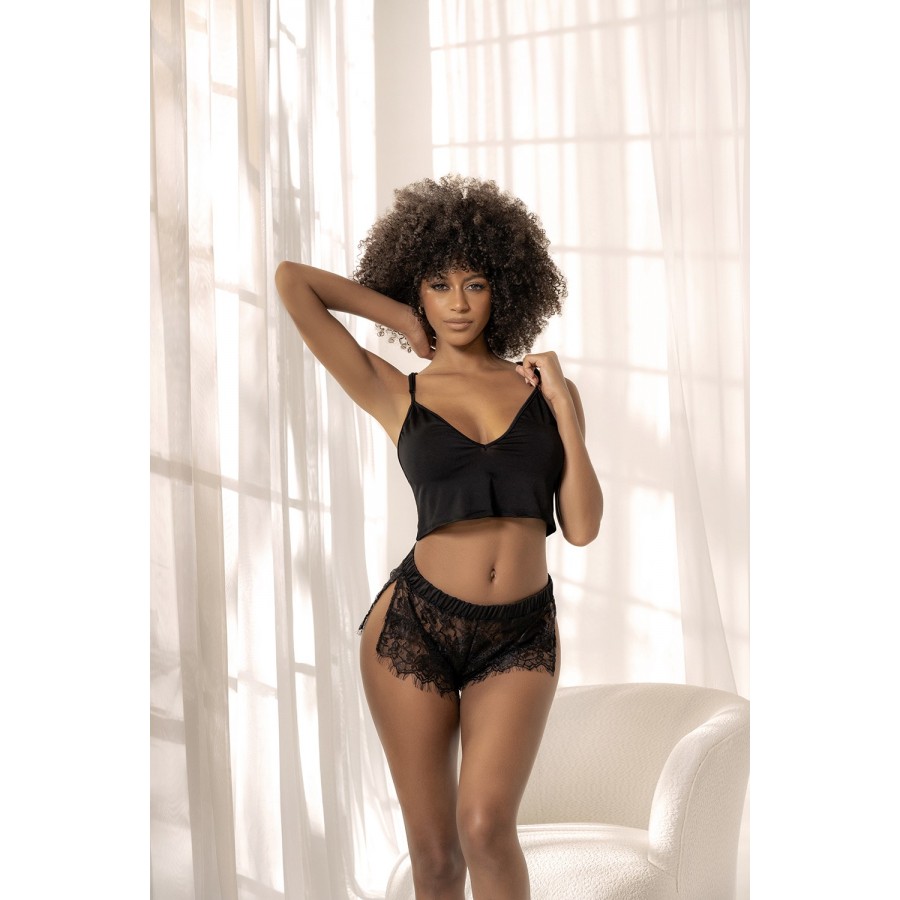Pyjama 2 pièces, top et short dentelle noire - MAL7514BLK