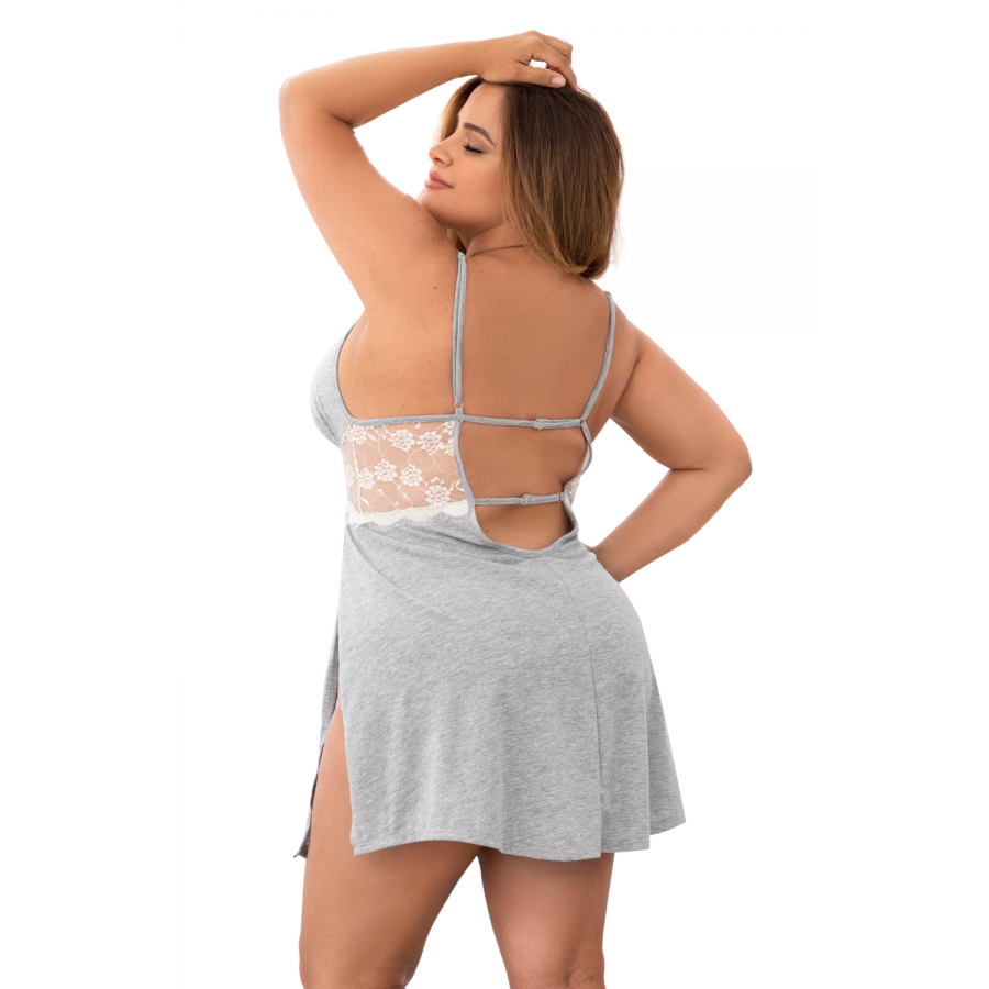 Nuisette en coton grise grande taille fendue sur les côtés et finition dentelle blanche - MAL7313XGREY
