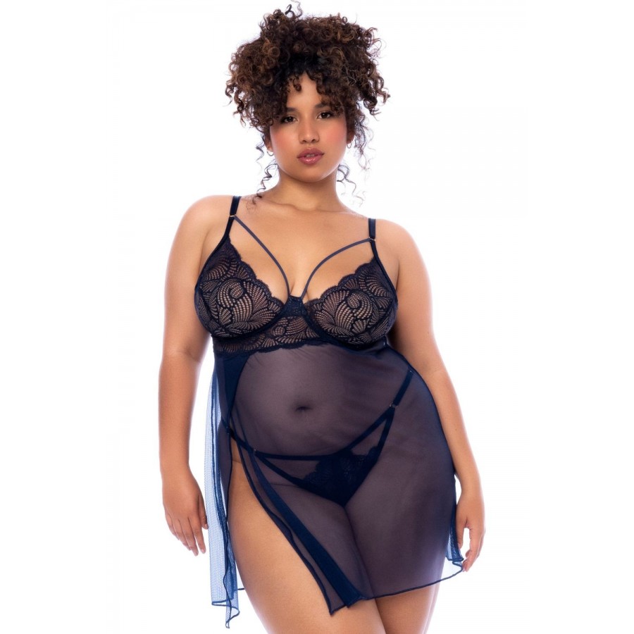 Nuisette grande taille bleu nuit et string - MAL7555XMNBL Nuisette grande taille bleu nuit et string - MAL7555XMNBL