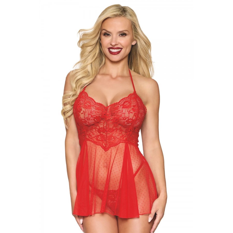 Nuisette rouge en résille et dentelle florale, string assorti - DG13524RED Nuisette rouge en résille et dentelle florale, string assorti - DG13524RED