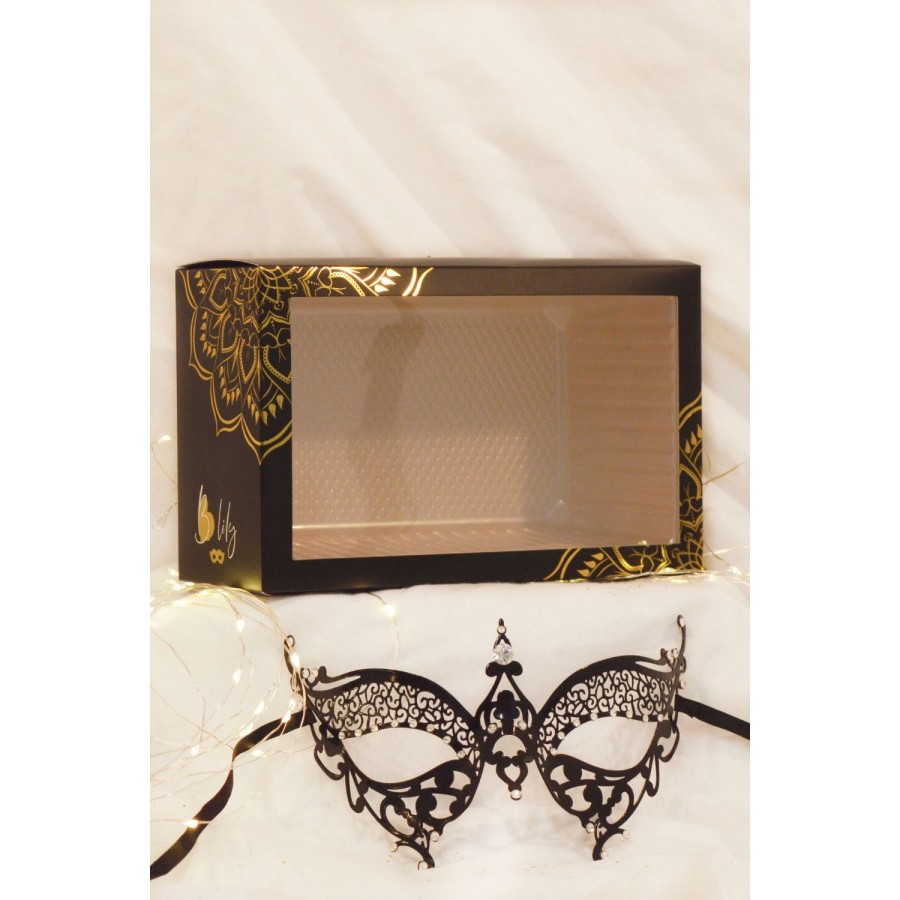 Masque vénitien Alida rigide noir avec strass  -  HMJ-026BK