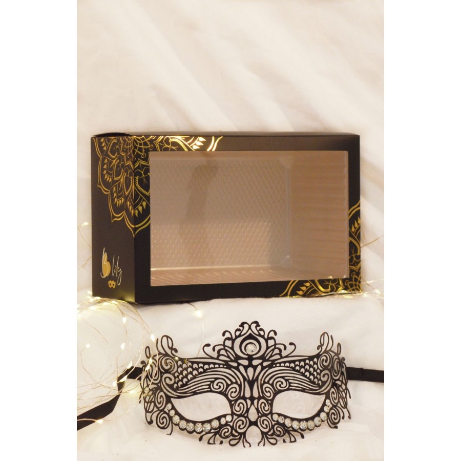 Masque vénitien Ornella rigide noir avec strass  - HMJ-031BK