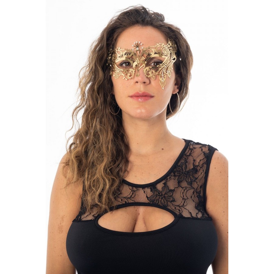 Masque vénitien Bianca rigide doré avec strass - HMJ-047B
