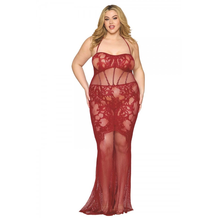 Nuisette longue grande taille en résille rouge - DG0487XRED Nuisette longue grande taille en résille rouge - DG0487XRED