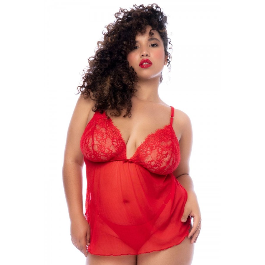 Nuisette courte grande taille rouge et string - MAL7562XRD Nuisette courte grande taille rouge et string - MAL7562XRD