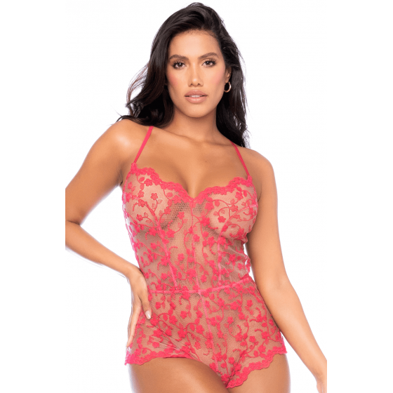 Combishort en dentelle transparente couleur cerise - MAL7543CHRY
