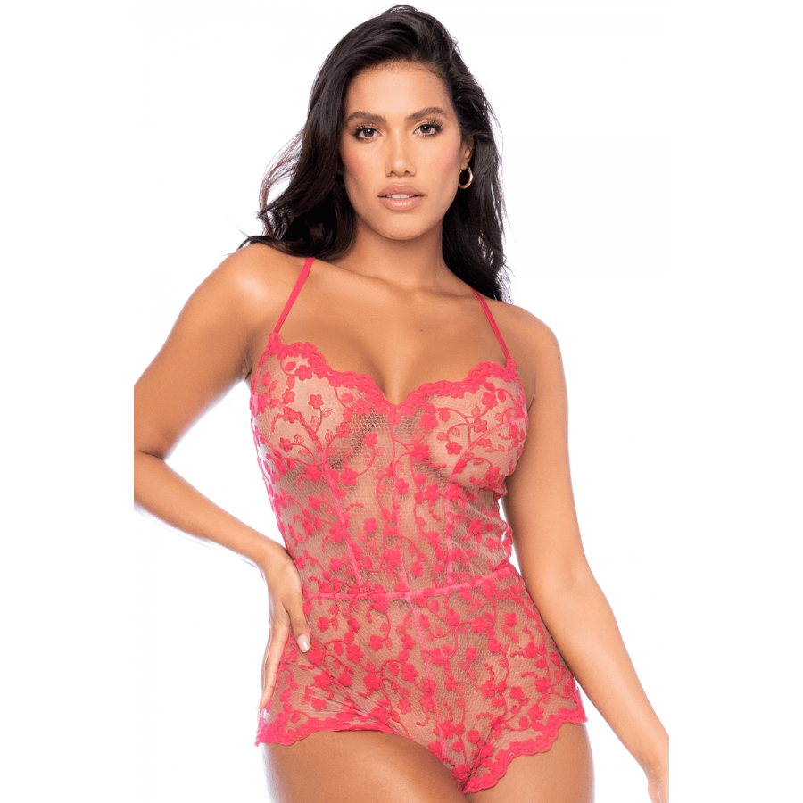 Combishort en dentelle transparente couleur cerise - MAL7543CHRY Combishort en dentelle transparente couleur cerise - MAL7543CHRY