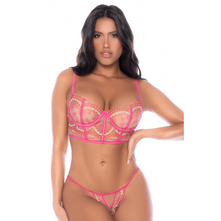 Ensemble 2 pièces résille brodée rose - MAL8914ROWP
