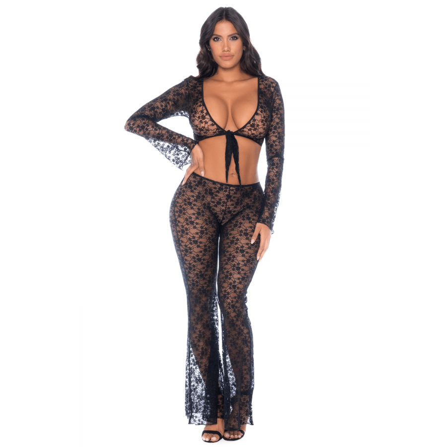 Top et pantalon en dentelle florale noire - MAL1915BLK Top et pantalon en dentelle florale noire - MAL1915BLK
