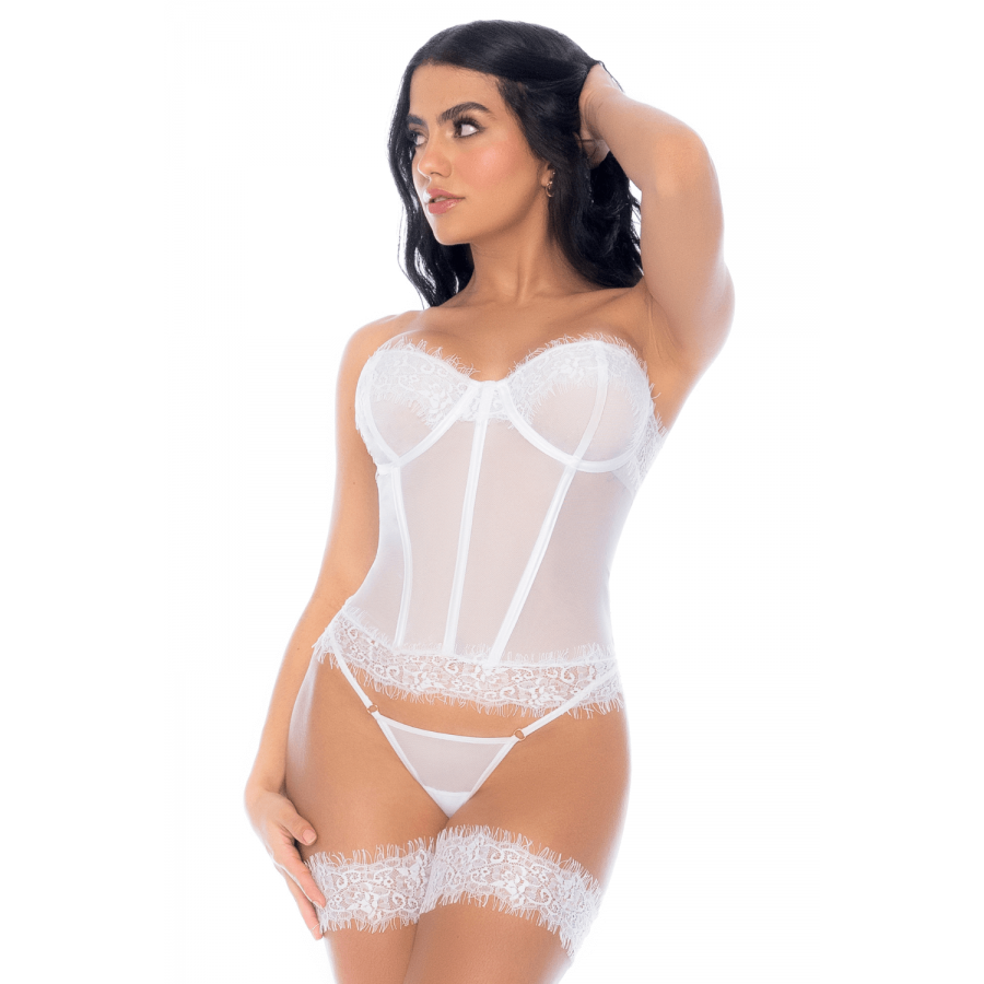 Ensemble 4 pièces blanc, bustier, string et 2 jarretières - MAL8933WHT Ensemble 4 pièces blanc, bustier, string et 2 jarretières - MAL8933WHT