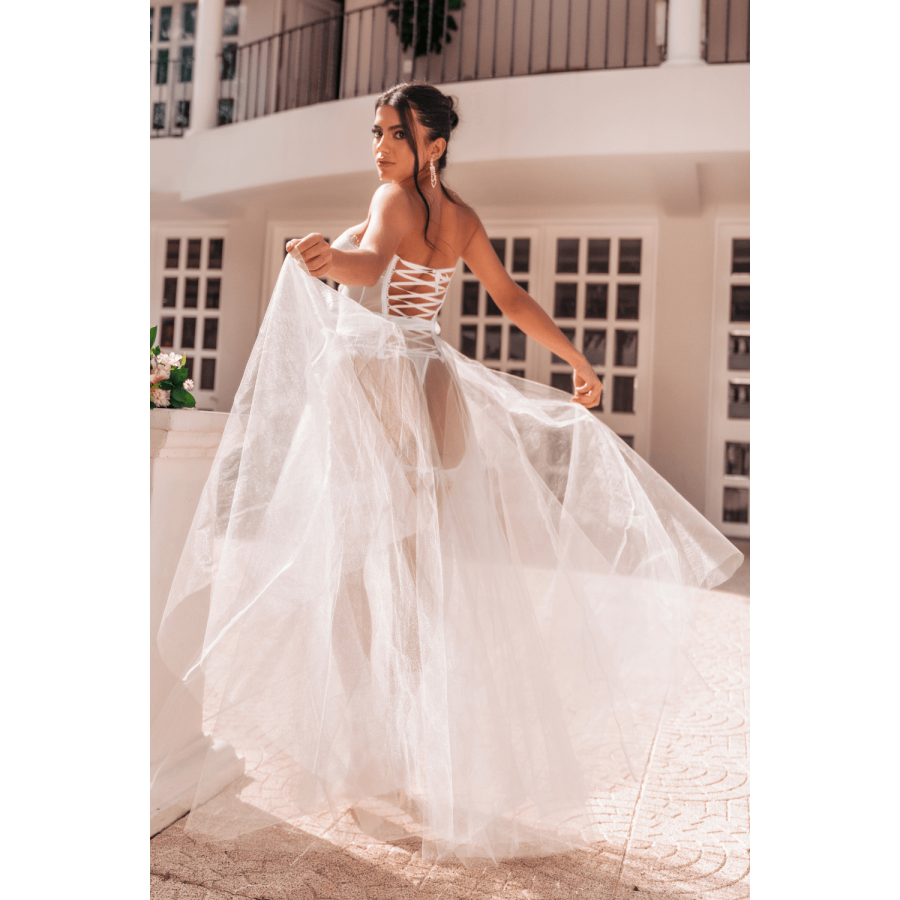 Ensemble 4 pièces blanc, bustier, string et 2 jarretières - MAL8933WHT