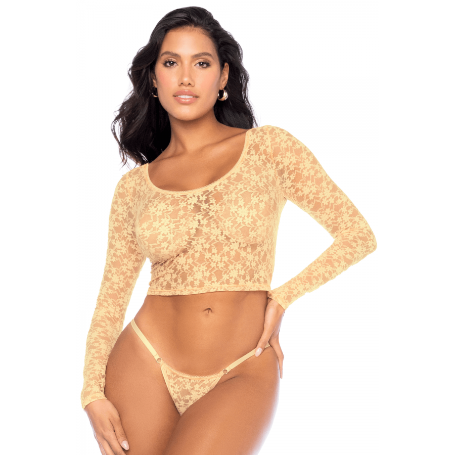 Ensemble 2 pièces en dentelle jaune pastel, crop top et string - MAL8918LYLW Ensemble 2 pièces en dentelle jaune pastel, crop top et string - MAL8918LYLW
