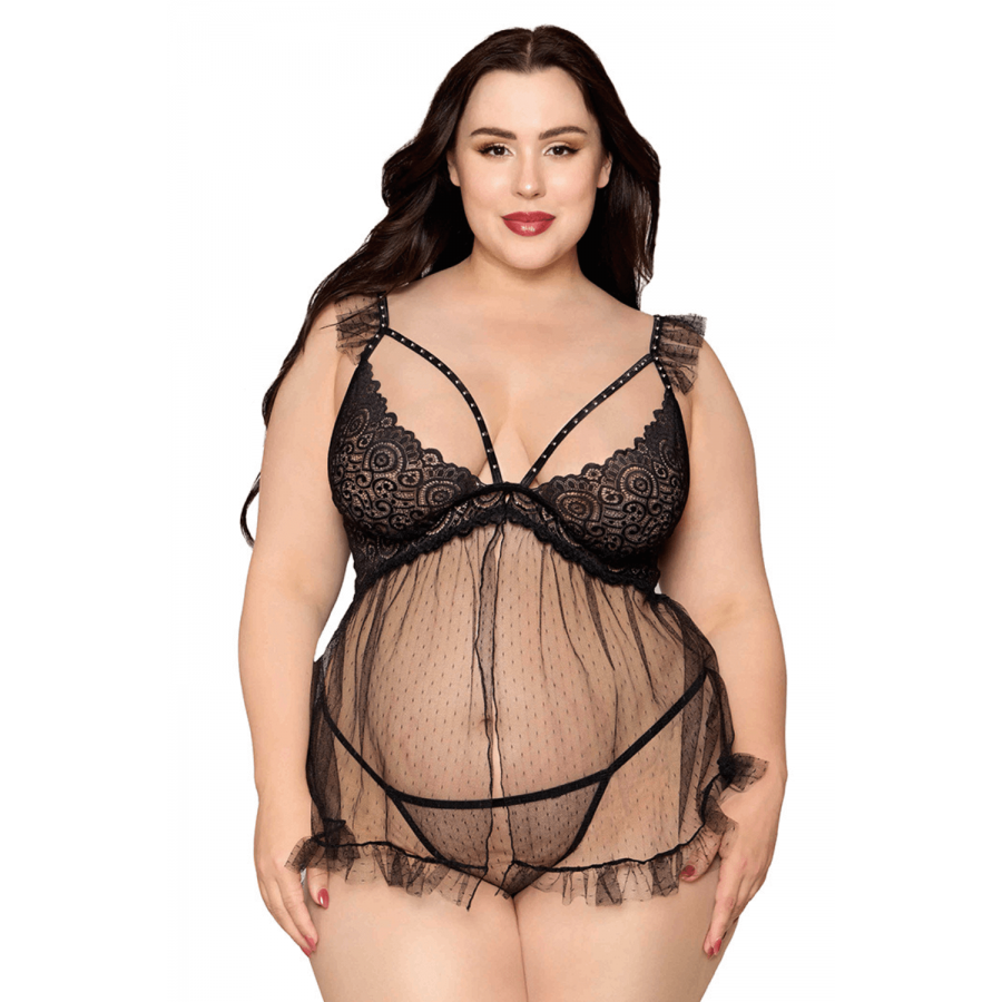 Babydoll grande taille noir et string assorti - DG13694XBLK Babydoll grande taille noir et string assorti - DG13694XBLK