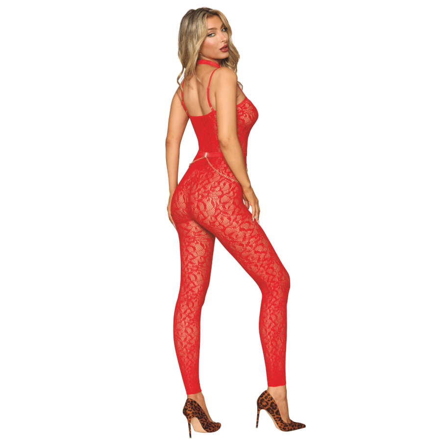 Bodystocking sans couture, fantaisie rouge avec chainettes amovibles - DG0518POI