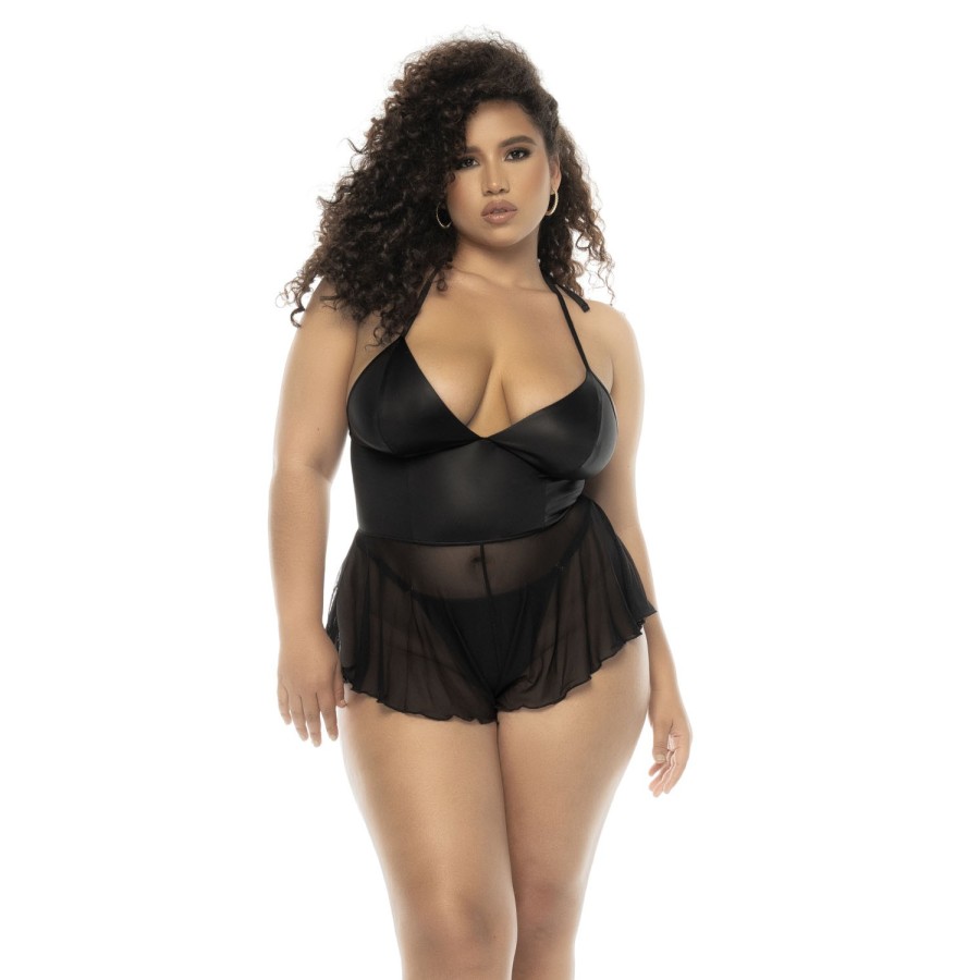 Body effet babydoll Pearl grande taille en wetlook noir et résille, bretelles réglables, zip fonctionnel au dos -... Body effet babydoll Pearl grande taille en wetlook noir et résille, bretelles réglables, zip fonctionnel au dos -...