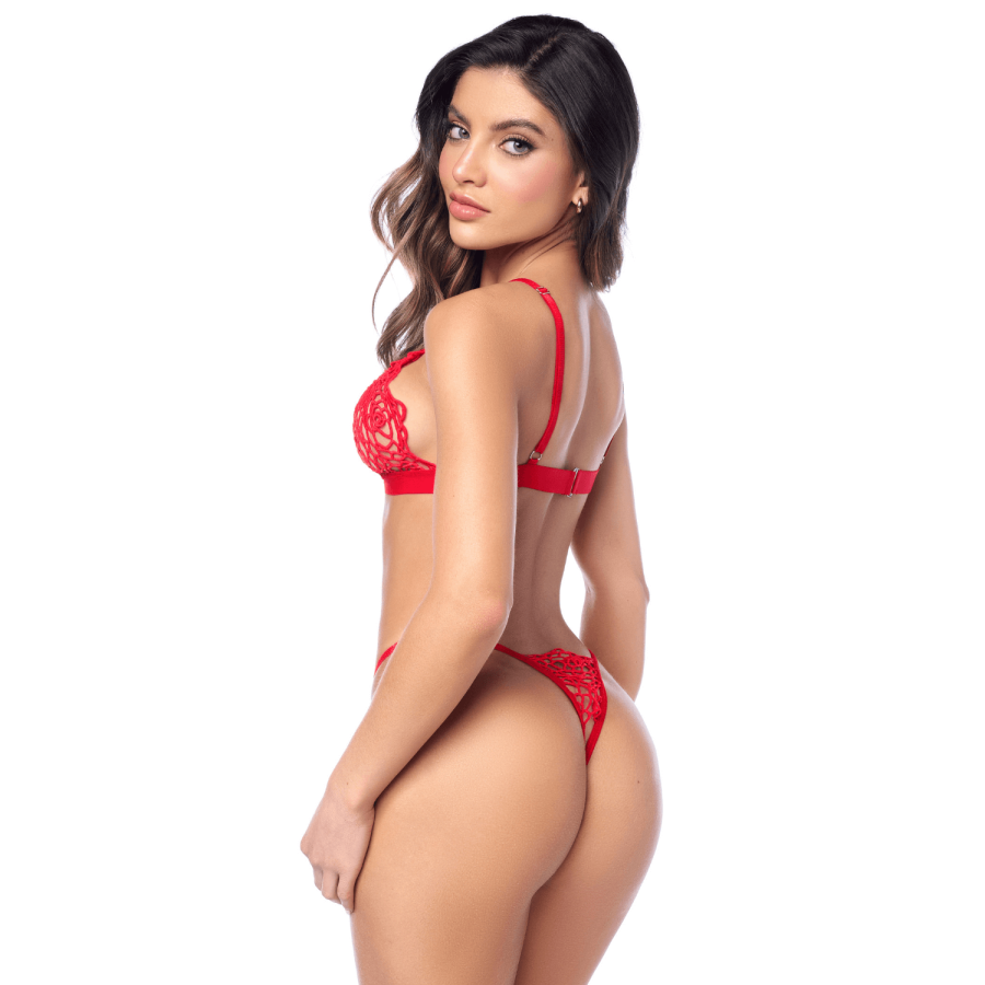 Ensemble sexy 2 pièces en crochet tricoté avec haut ajustable et string - MAL8966RED