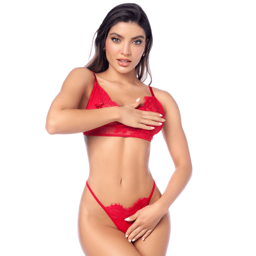 Ensemble sexy 3 pièces peek-a-boo en dentelle avec string et porte-jarretelles - MAL8970RED