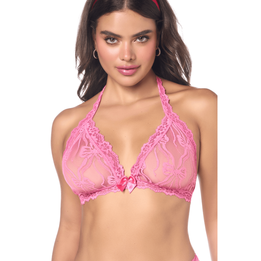 Ensemble sexy 2 pièces rose en dentelle délicate avec haut et string assorti - MAL8971PINK