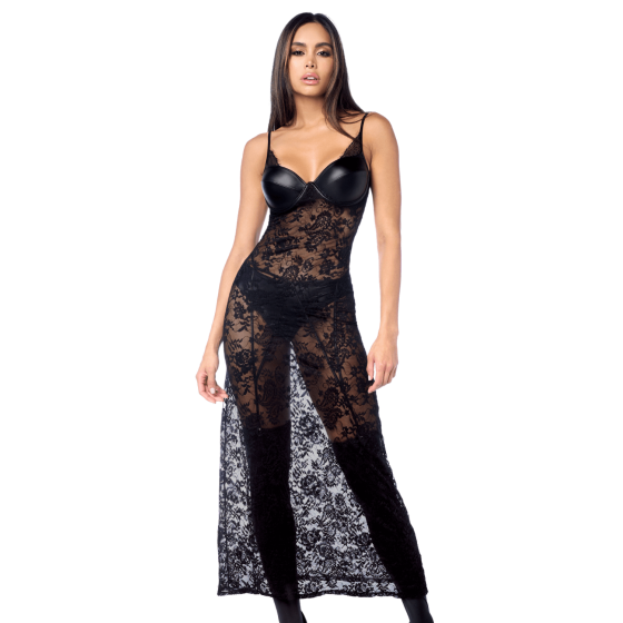 Robe longue sexy en dentelle avec bonnets effet cuir, string et porte-jarretelles Mapalé - MAL7616BLK