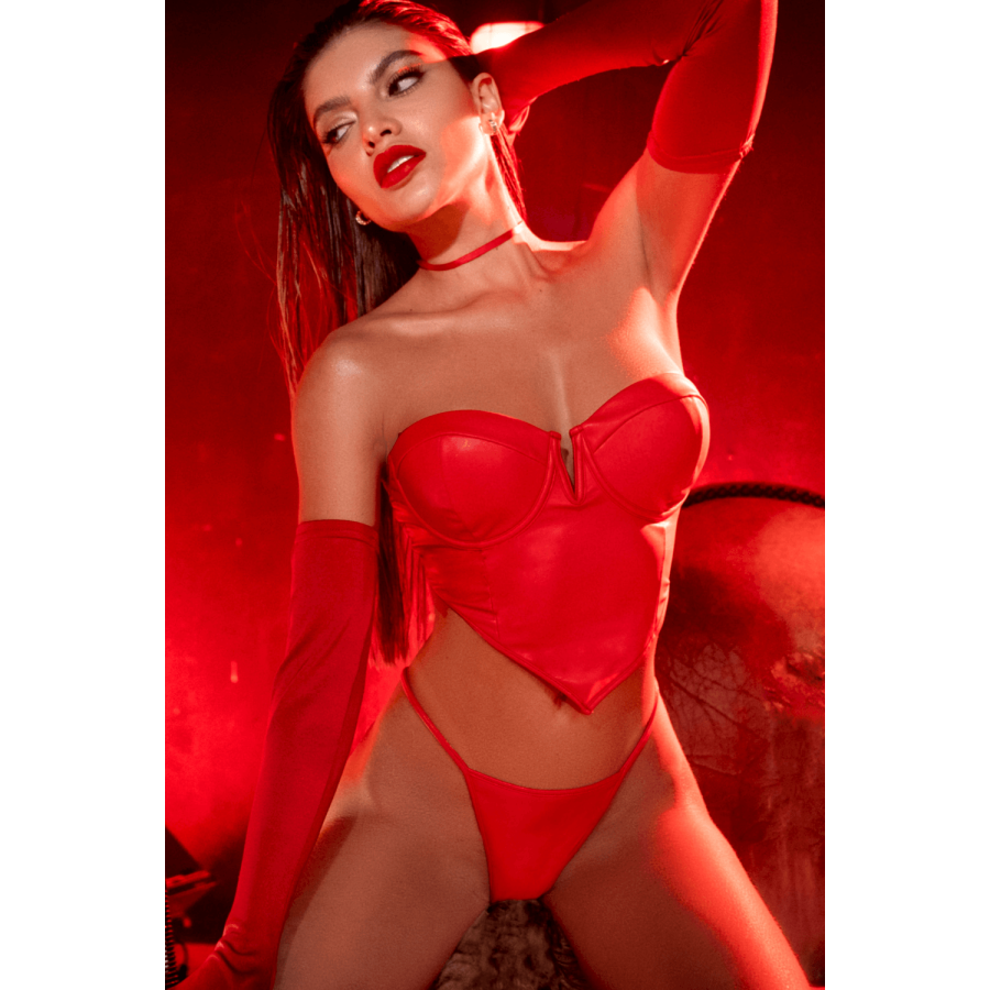 Ensemble sexy 2 pièces en similicuir avec bustier structuré et string Mapalé - MAL2809RED