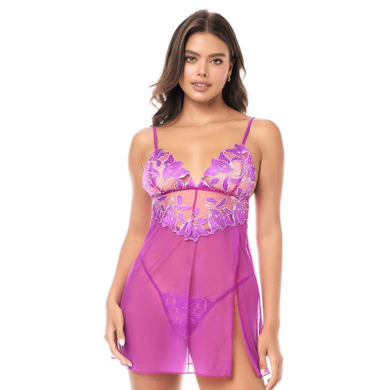 Babydoll sexy en résille brodée florale et string 