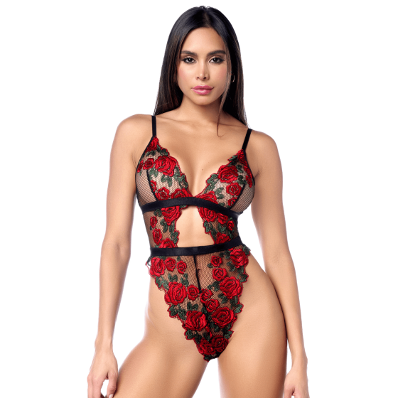 Teddy taille haute en résille noire brodée de roses avec ceinture 