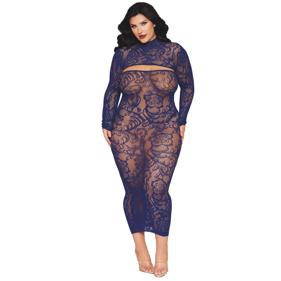 Ensemble 2 pièces grande taille top manches longues et robe bleu marine 
