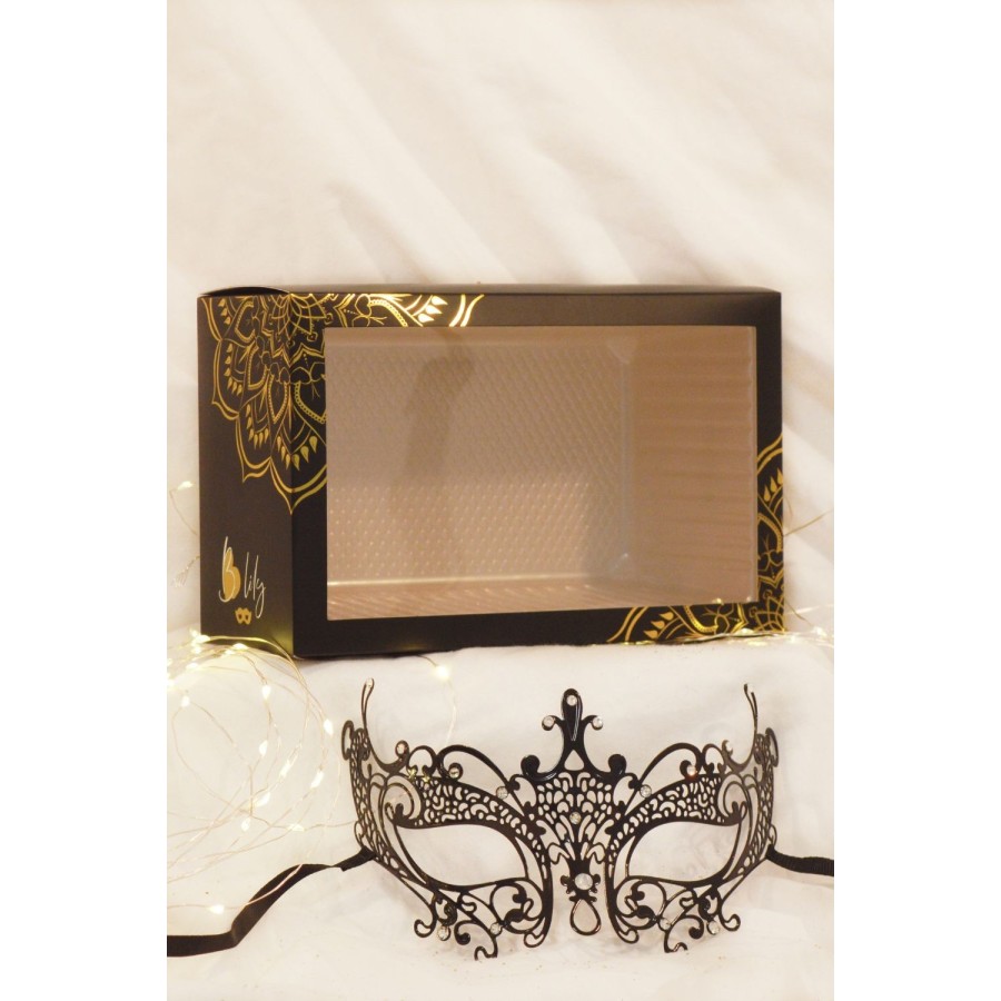 Masque vénitien Lucia rigide noir  avec strass  - HMJ-030BK
