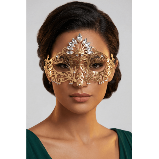 Masque vénitien Gemma rigide doré avec strass - HMJ-055B