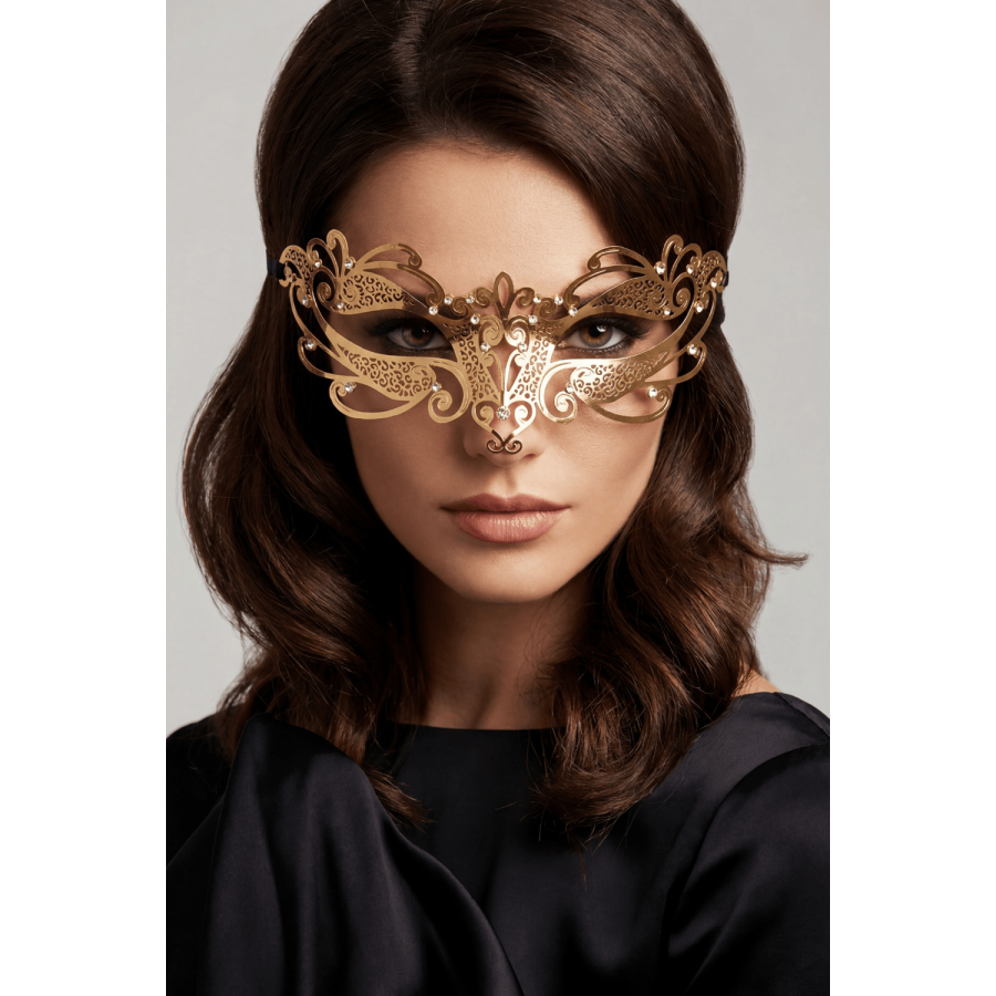 Masque vénitien Gaia rigide doré avec strass - HMJ-061B