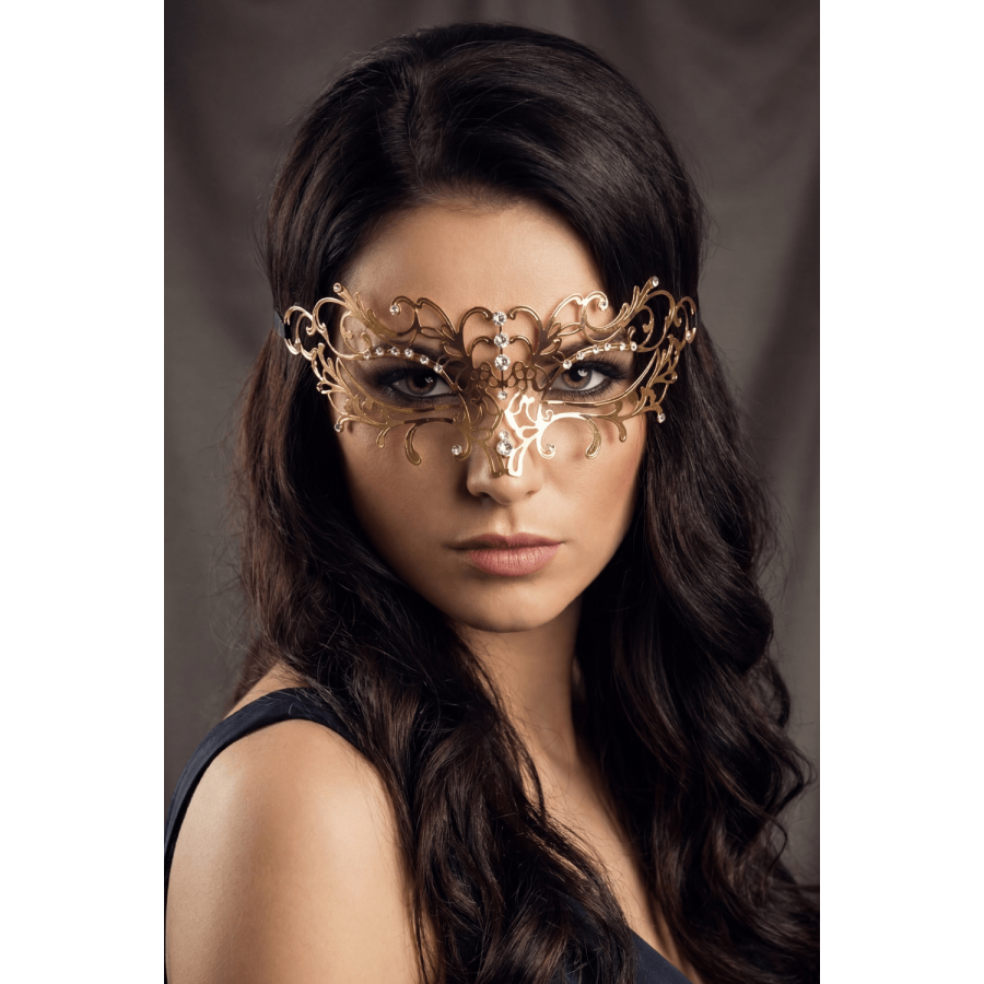 Masque vénitien Elena rigide doré avec strass - HMJ-003B