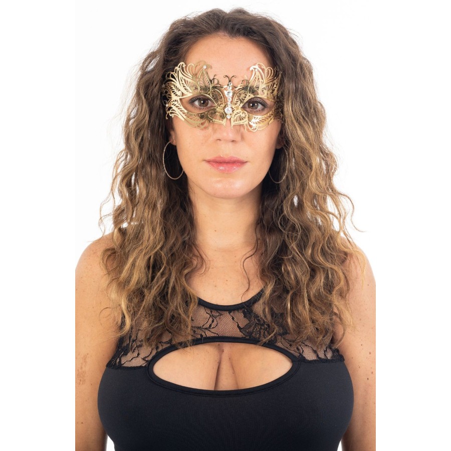 Masque vénitien Greta rigide doré avec strass - HMJ-005B