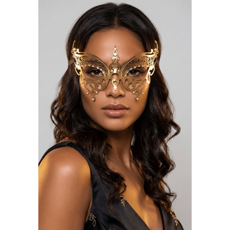 Masque vénitien Alida rigide doré avec strass - HMJ-026B