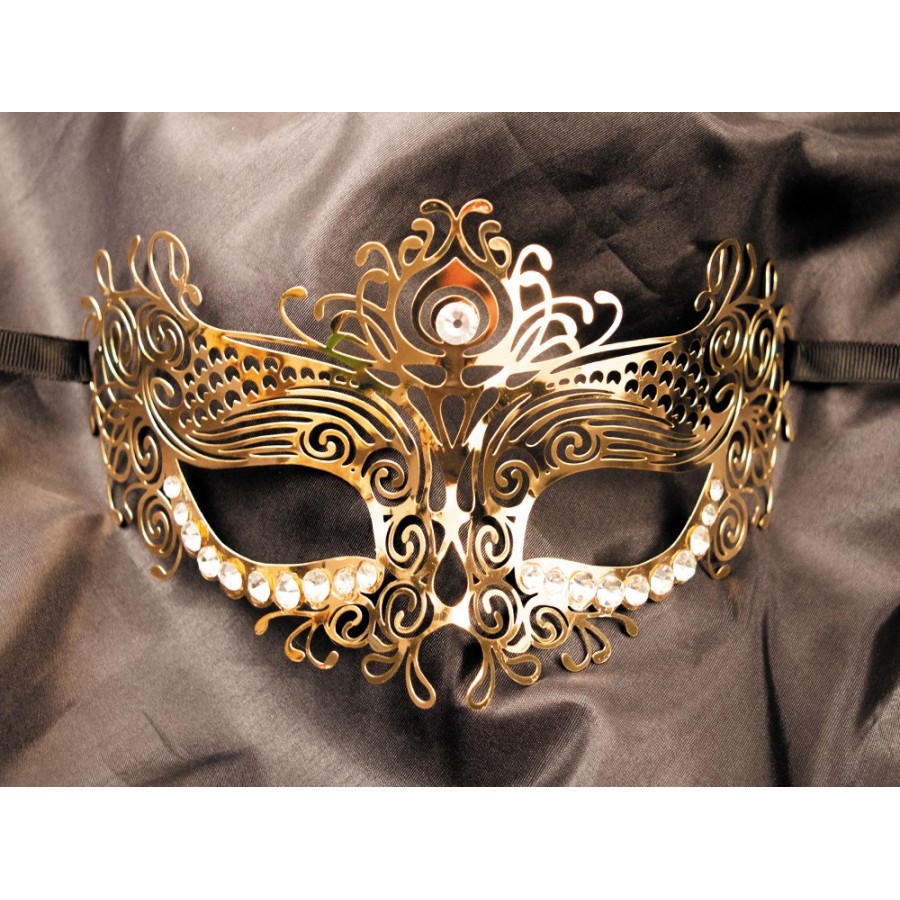 Masque vénitien Ornella rigide doré avec strass - HMJ-031B