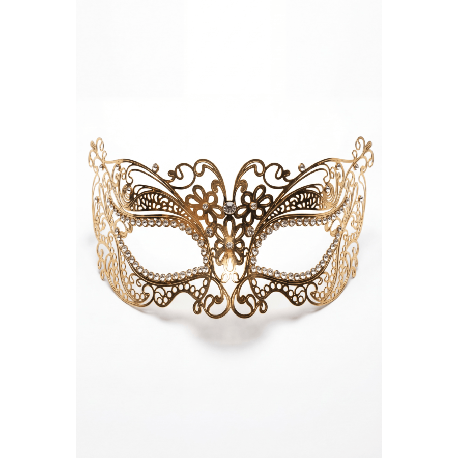 Masque vénitien Alba rigide doré avec strass - HMJ-039B