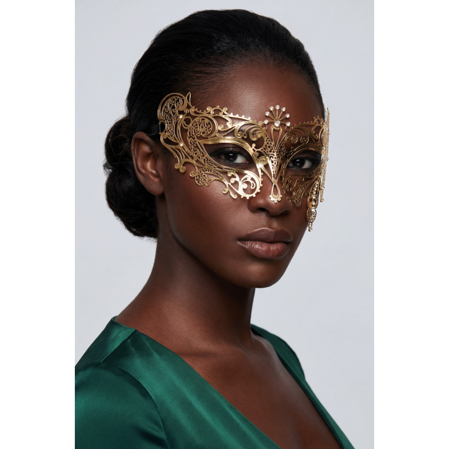 Masque vénitien Bianca rigide doré avec strass - HMJ-047B