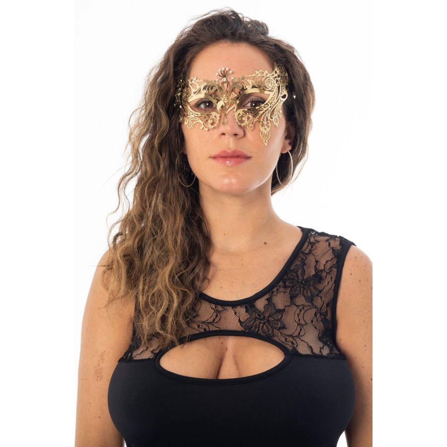 Masque vénitien Bianca rigide doré avec strass - HMJ-047B