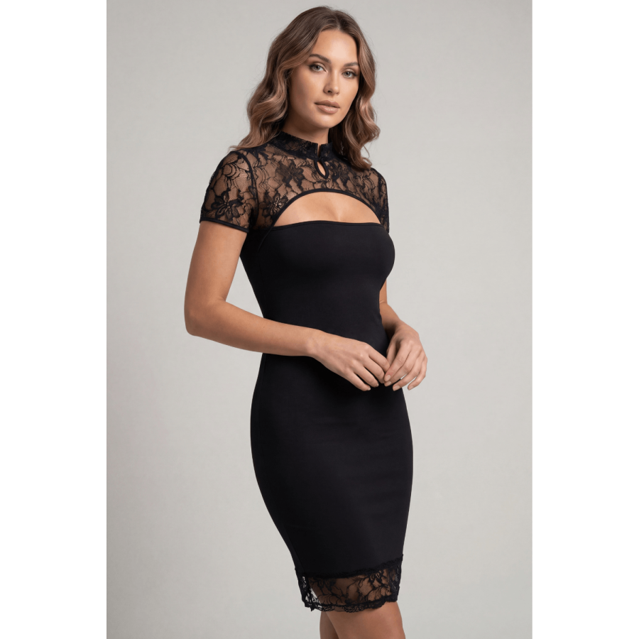 Robe courte col dentelle Athéna - LDC06BLK