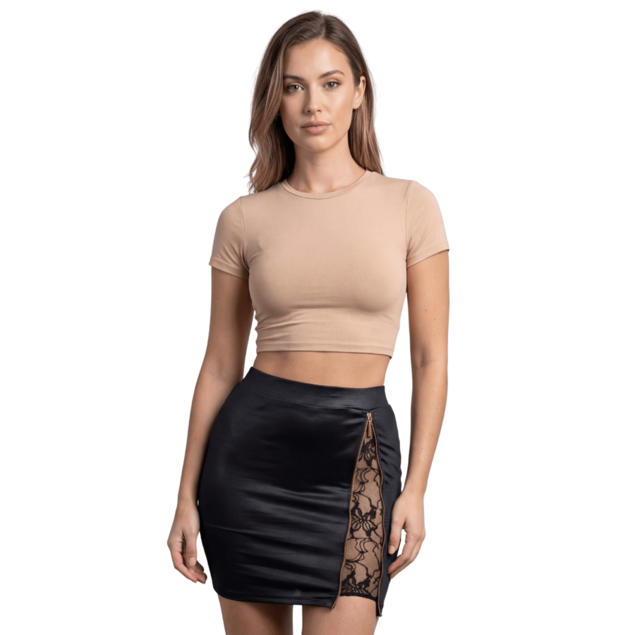 Jupe courte noire Kyra avec zip fonctionnel sur le côté - LDC07BLK