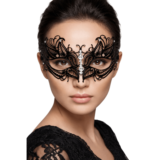 Masque vénitien Greta rigide noir avec strass  -  HMJ-005BK