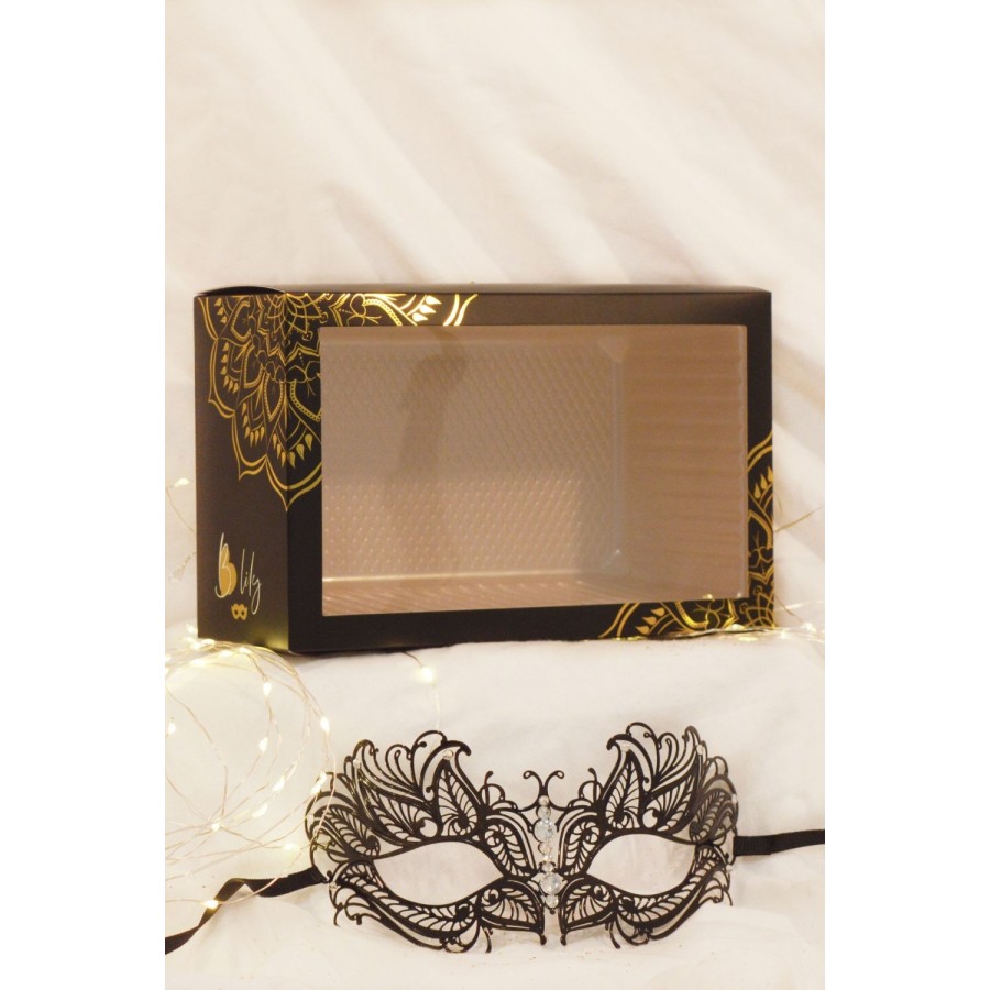 Masque vénitien Greta rigide noir avec strass  -  HMJ-005BK