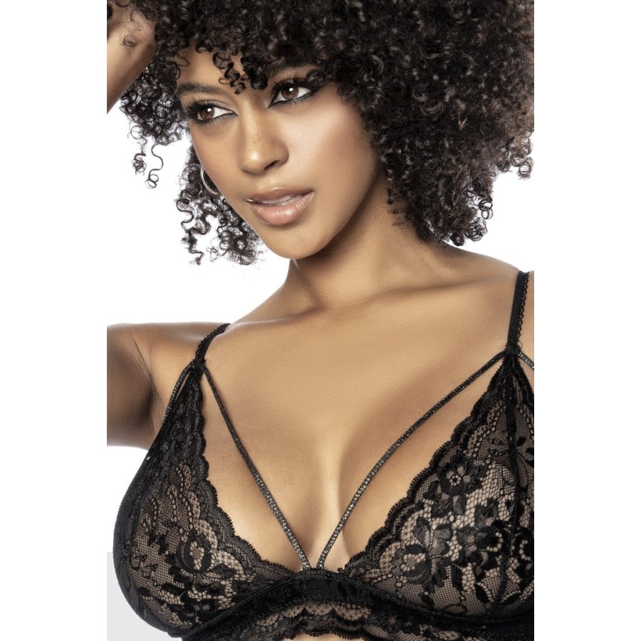 Ensemble 3 pièces en fine dentelle florale noire 