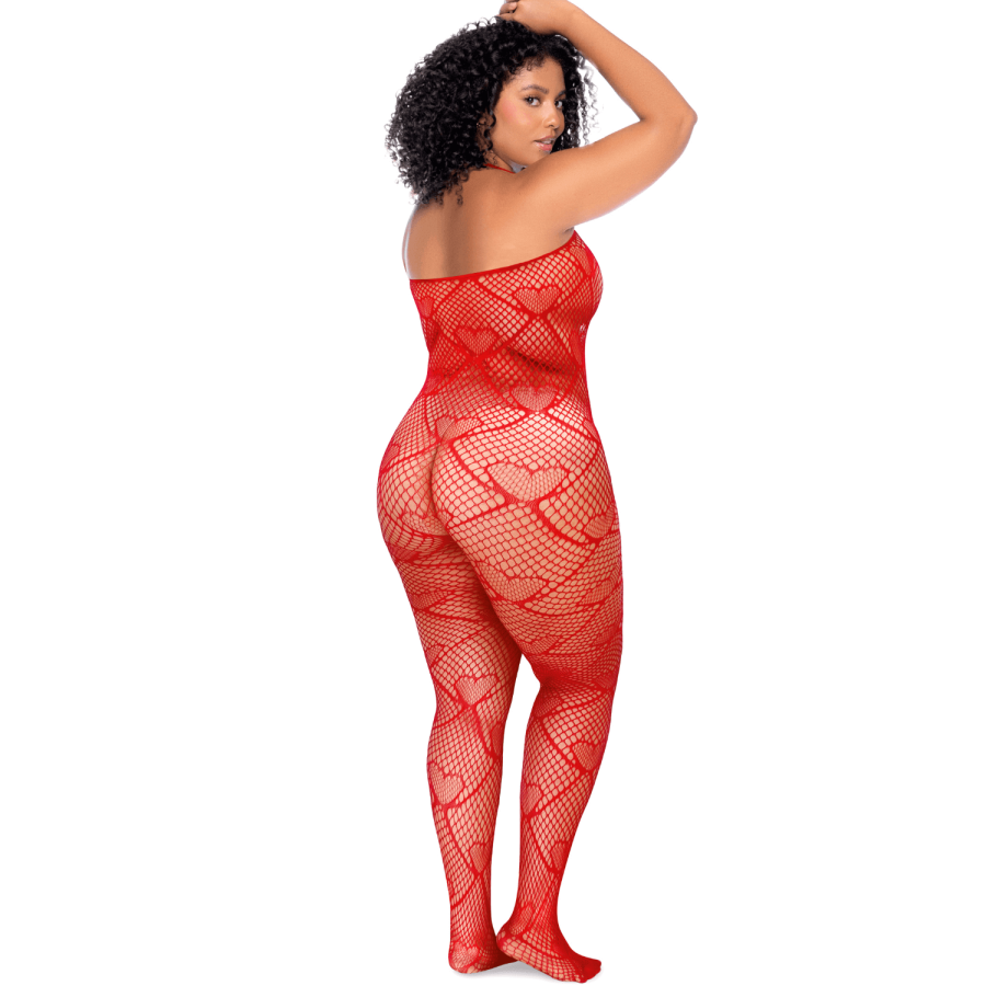 Bodystocking grande taille en résille rouge à motif cœur, orné de strass, ouvert à l’entrejambe - Mapalé