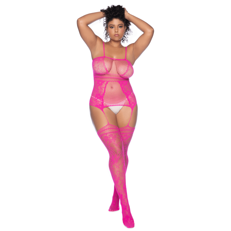 Combinaison grande taille en résille rose 